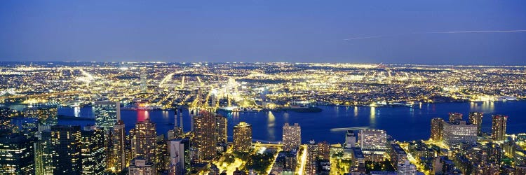 Aerial View of Buildings Lit Up At Dusk Manhattan, NYC, New York City, New York State, USA