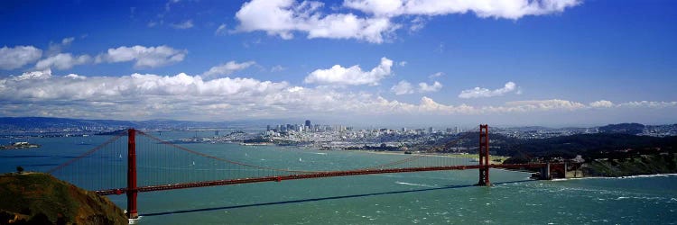 High angle view of a suspension bridge across a bay, Golden Gate Bridge, San Francisco, California, USA