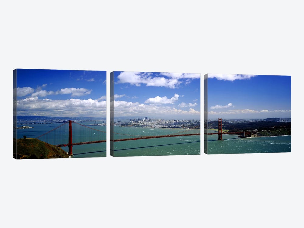 High angle view of a suspension bridge across a bay, Golden Gate Bridge, San Francisco, California, USA by Panoramic Images 3-piece Canvas Art Print