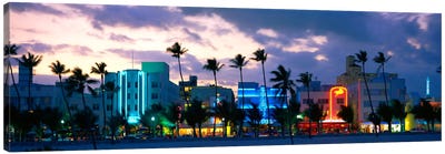 Buildings Lit Up At Dusk, Ocean Drive, Miami Beach, Florida, USA Canvas Art Print - Palm Tree Art