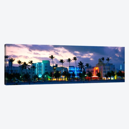 Buildings Lit Up At Dusk, Ocean Drive, Miami Beach, Florida, USA Canvas Print #PIM3615} by Panoramic Images Canvas Artwork