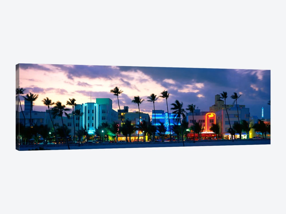 Buildings Lit Up At Dusk, Ocean Drive, Miami Beach, Florida, USA by Panoramic Images 1-piece Canvas Artwork