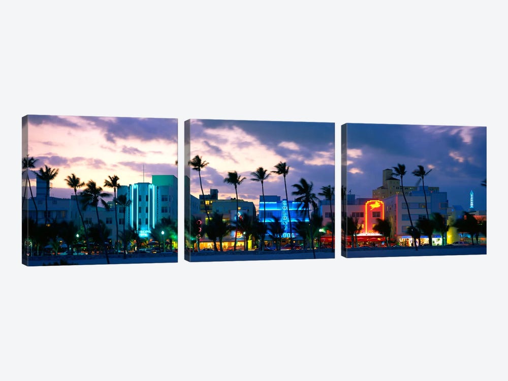 Buildings Lit Up At Dusk, Ocean Drive, Miami Beach, Florida, USA by Panoramic Images 3-piece Canvas Art