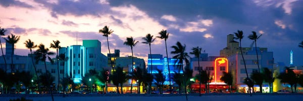 Buildings Lit Up At Dusk, Ocean Drive, Miami Beach, Florida, USA