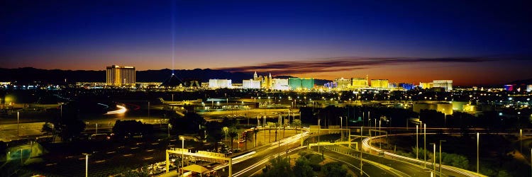 High angle view of buildings lit up at dusk, Las Vegas, Nevada, USA