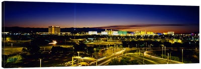 High angle view of buildings lit up at dusk, Las Vegas, Nevada, USA Canvas Art Print - Las Vegas Art