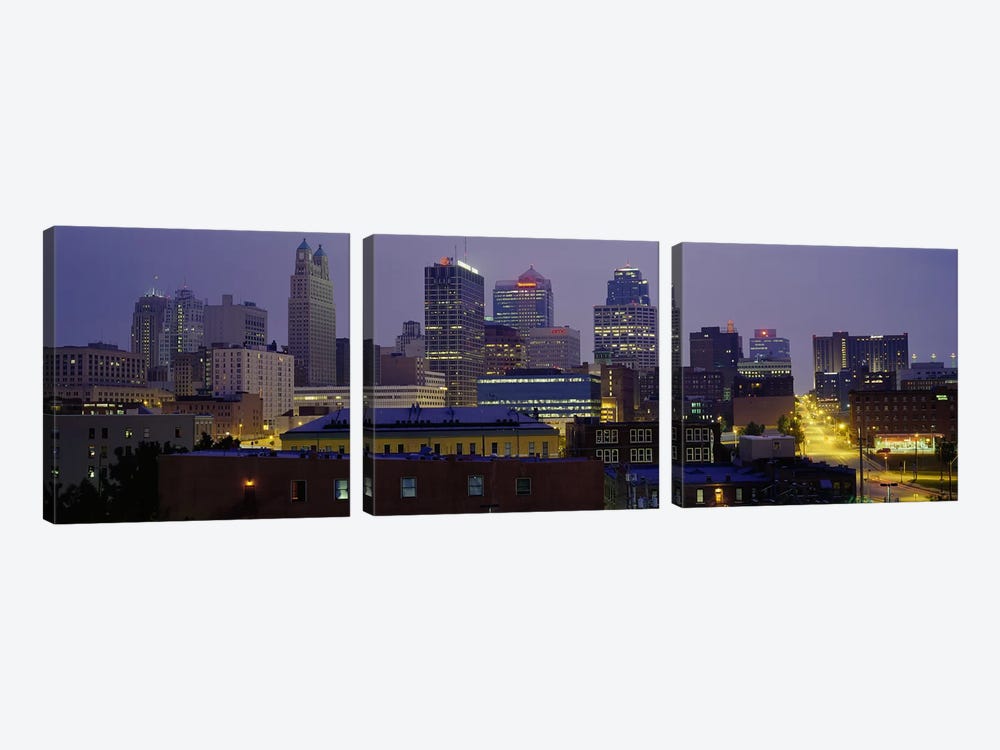 Buildings lit up at duskKansas City, Missouri, USA by Panoramic Images 3-piece Canvas Wall Art