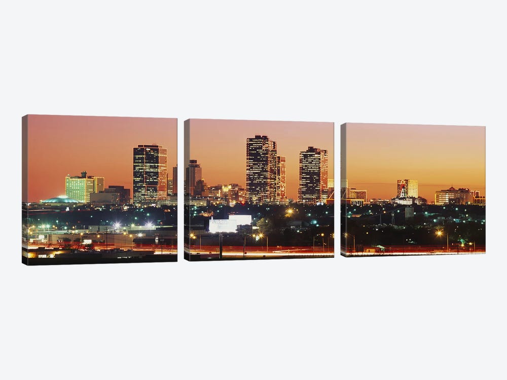 Buildings lit up at dusk, Fort Worth, Texas, USA by Panoramic Images 3-piece Canvas Art