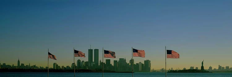 View Of Manhattan Through A Row Of American Flags At Flag Plaza, Liberty State Park, New Jersey