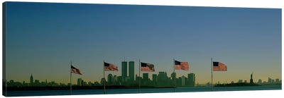 View Of Manhattan Through A Row Of American Flags At Flag Plaza, Liberty State Park, New Jersey Canvas Art Print - New Jersey Art