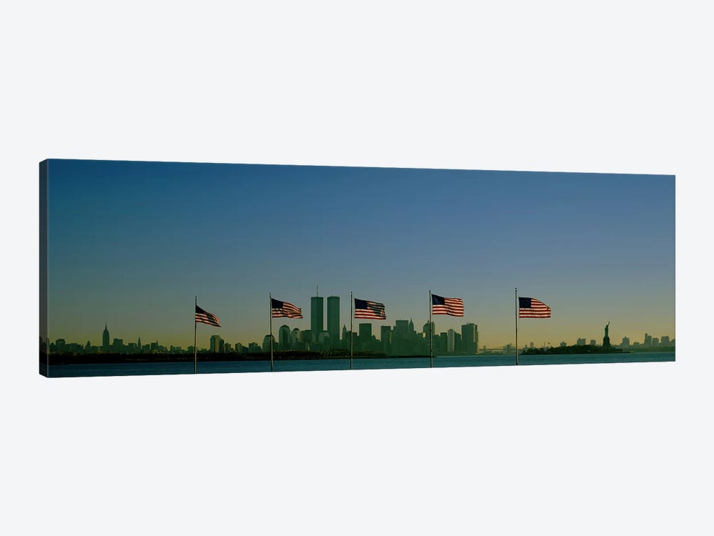 View Of Manhattan Through A Row Of American Flags At Flag Plaza, Liberty State Park, New Jersey by Panoramic Images 1-piece Canvas Wall Art