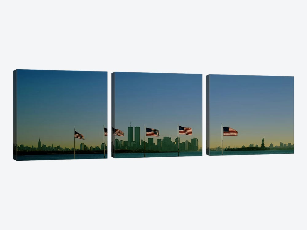 View Of Manhattan Through A Row Of American Flags At Flag Plaza, Liberty State Park, New Jersey by Panoramic Images 3-piece Canvas Art