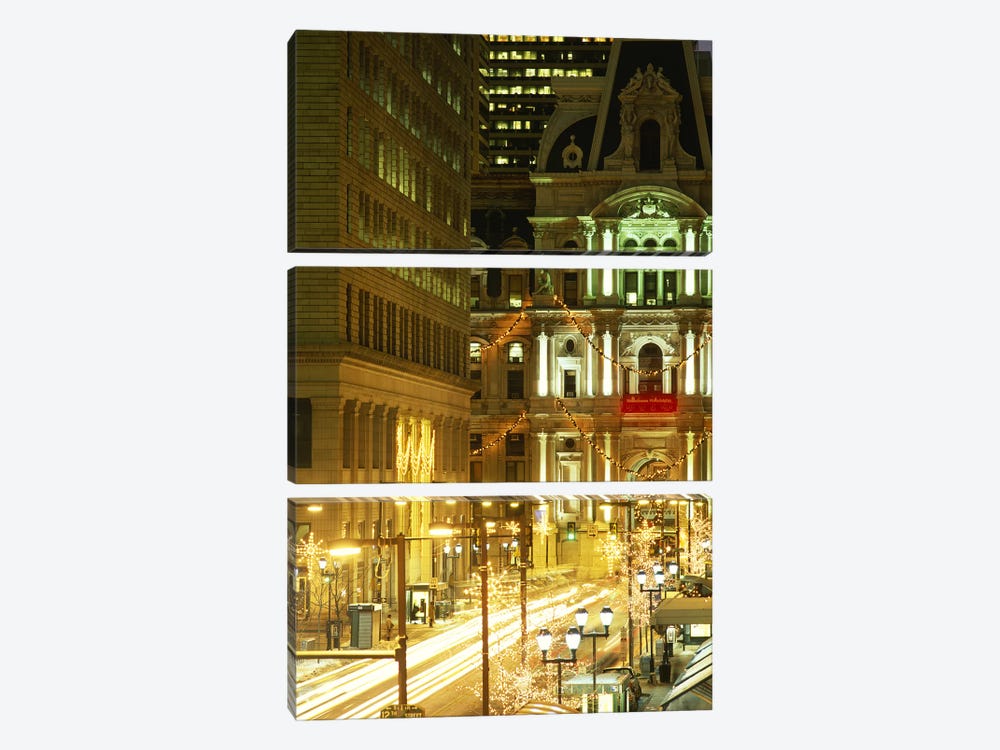 Building lit up at night City Hall, Philadelphia, Pennsylvania, USA by Panoramic Images 3-piece Canvas Wall Art