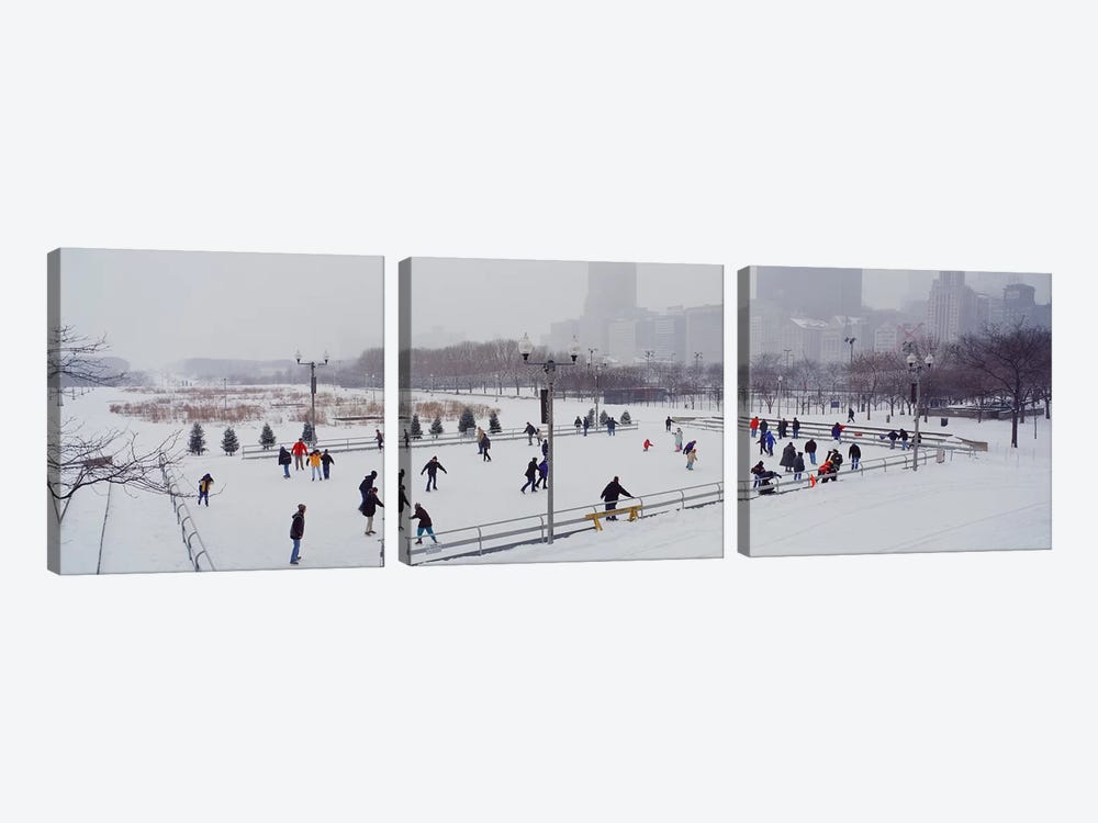 Group of people ice skating in a park, Bicentennial Park, Chicago, Cook County, Illinois, USA by Panoramic Images 3-piece Canvas Wall Art