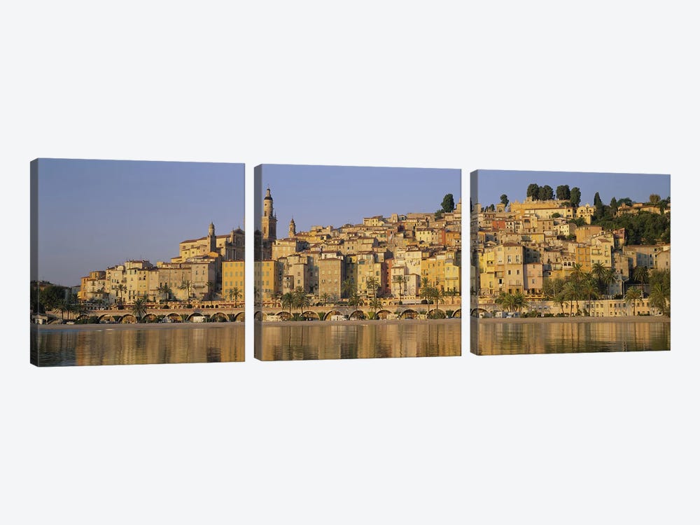 Buildings on The waterfront, Eglise St-Michel, Menton, France by Panoramic Images 3-piece Canvas Print
