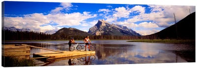 Mountain Bikers Vermilion Lakes Alberta Canada Canvas Art Print