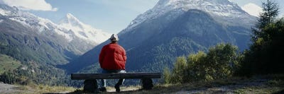 Hiker Contemplating Mountains Switzerland by Panoramic Images multi panel art