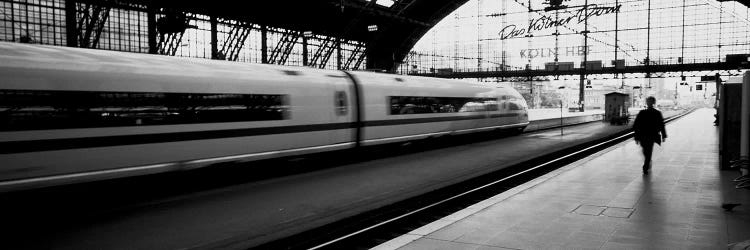 Bluured Motion View Of A Departing Train, Koln Hauptbahnhof, Innenstadt, Cologne, North Rhine-Westphalia, Germany