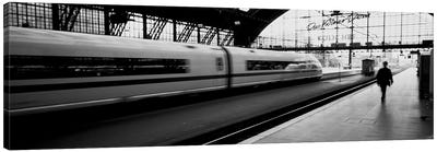 Bluured Motion View Of A Departing Train, Koln Hauptbahnhof, Innenstadt, Cologne, North Rhine-Westphalia, Germany Canvas Art Print - Cologne