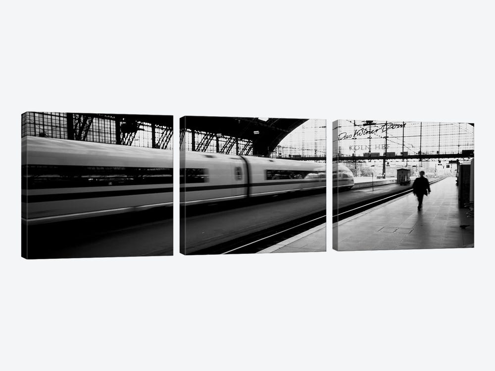 Bluured Motion View Of A Departing Train, Koln Hauptbahnhof, Innenstadt, Cologne, North Rhine-Westphalia, Germany by Panoramic Images 3-piece Canvas Art