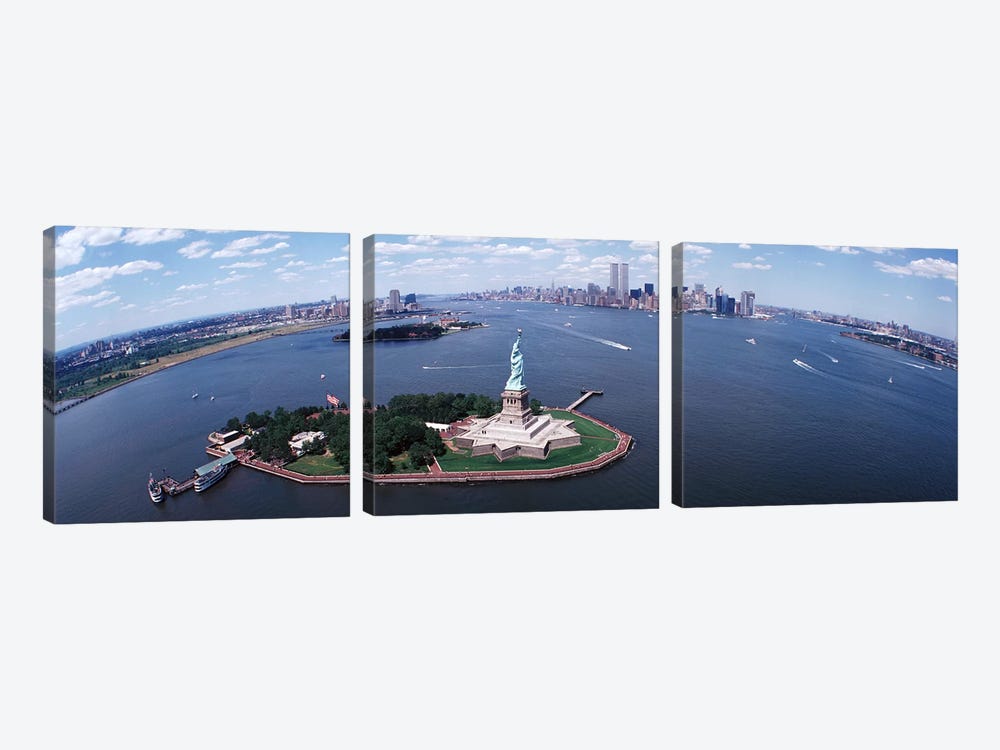 Wide-Angle View Of New York Harbor Featuring The Statue Of Liberty, USA by Panoramic Images 3-piece Canvas Wall Art