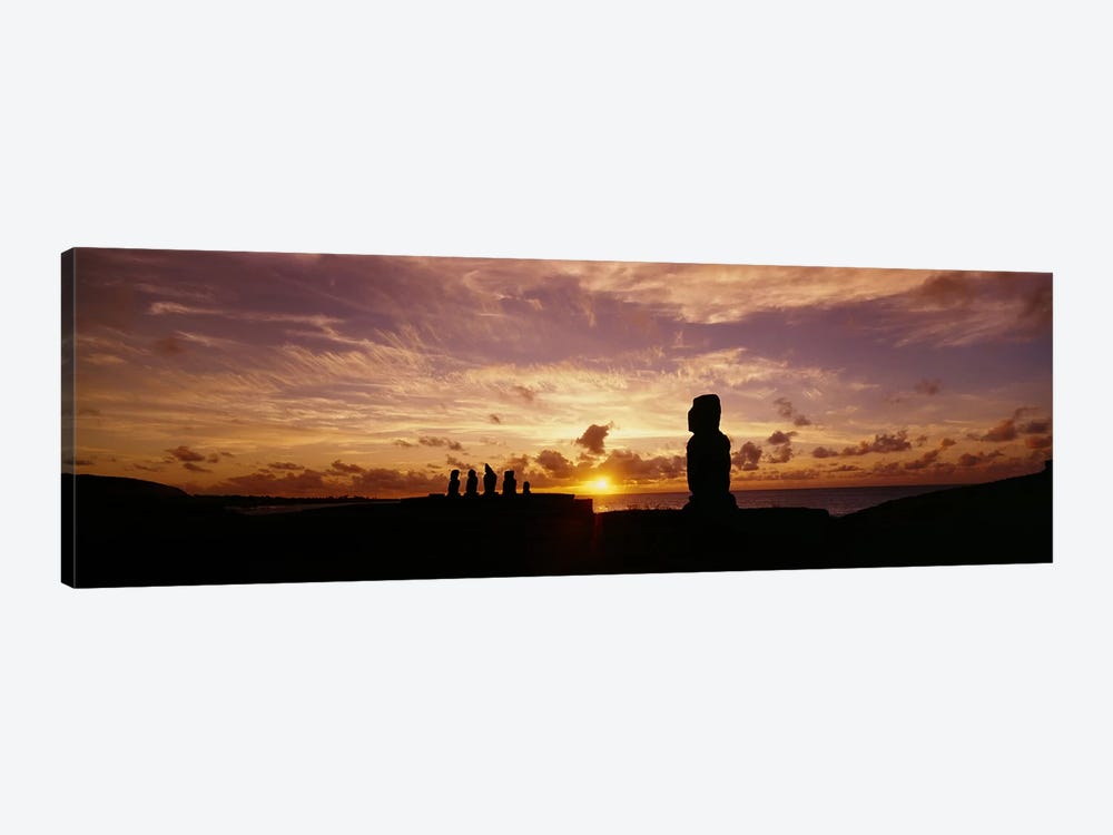 Silhouette of Moai statues at dusk, Tahai Archaeological Site, Rano Raraku, Easter Island, Chile by Panoramic Images 1-piece Canvas Art Print