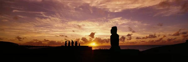 Easter Island: Silhouette of Moai statues at dusk, Tahai Archaeological Site, Rano Raraku, Easter Island, Chile by Panoramic Images