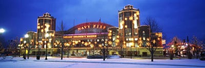 Facade Of A Building Lit Up At Dusk, Navy Pier, Chicago, Illinois, USA by Panoramic Images canvas print