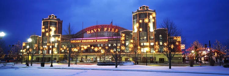 Facade Of A Building Lit Up At Dusk, Navy Pier, Chicago, Illinois, USA