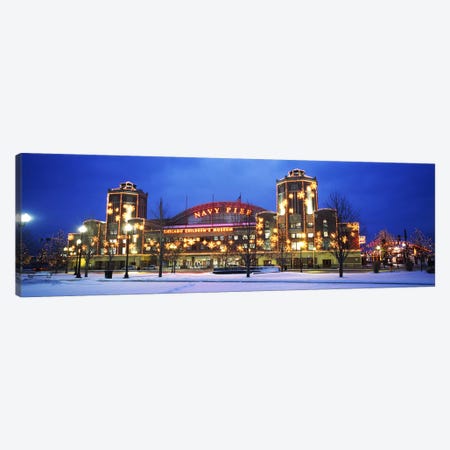 Facade Of A Building Lit Up At Dusk, Navy Pier, Chicago, Illinois, USA Canvas Print #PIM3842} by Panoramic Images Canvas Wall Art