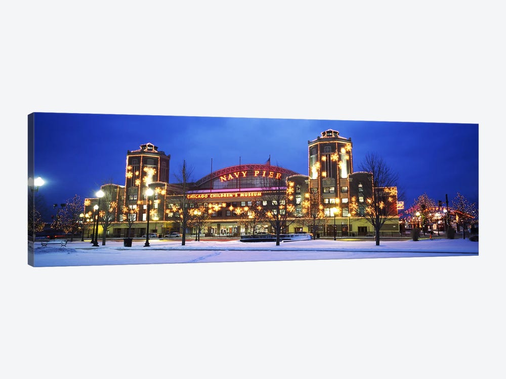 Facade Of A Building Lit Up At Dusk, Navy Pier, Chicago, Illinois, USA by Panoramic Images 1-piece Art Print