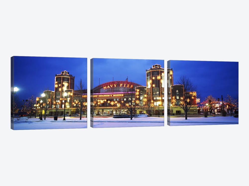 Facade Of A Building Lit Up At Dusk, Navy Pier, Chicago, Illinois, USA by Panoramic Images 3-piece Canvas Print