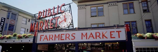 Washington: Low angle view of buildings in a market, Pike Place Market, Seattle, Washington State, USA by Panoramic Images
