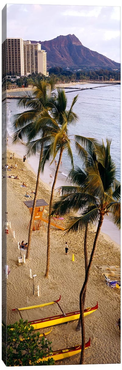 High angle view of tourists on the beach, Waikiki Beach, Honolulu, Oahu, Hawaii, USA Canvas Art Print - Tropical Beach Art