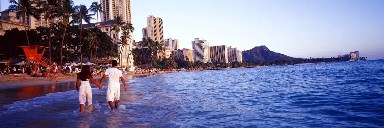 Rear view of a couple wading on the beach, Waikiki Beach, Honolulu, Oahu, Hawaii, USA