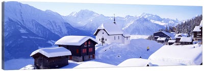 Snow Covered Chapel and Chalets Swiss Alps Switzerland Canvas Art Print - Switzerland Art