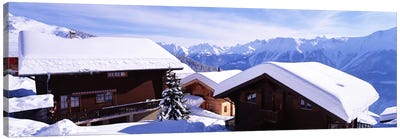 Snow Covered Chapel and Chalets Swiss Alps Switzerland Canvas Art Print - Holiday Décor