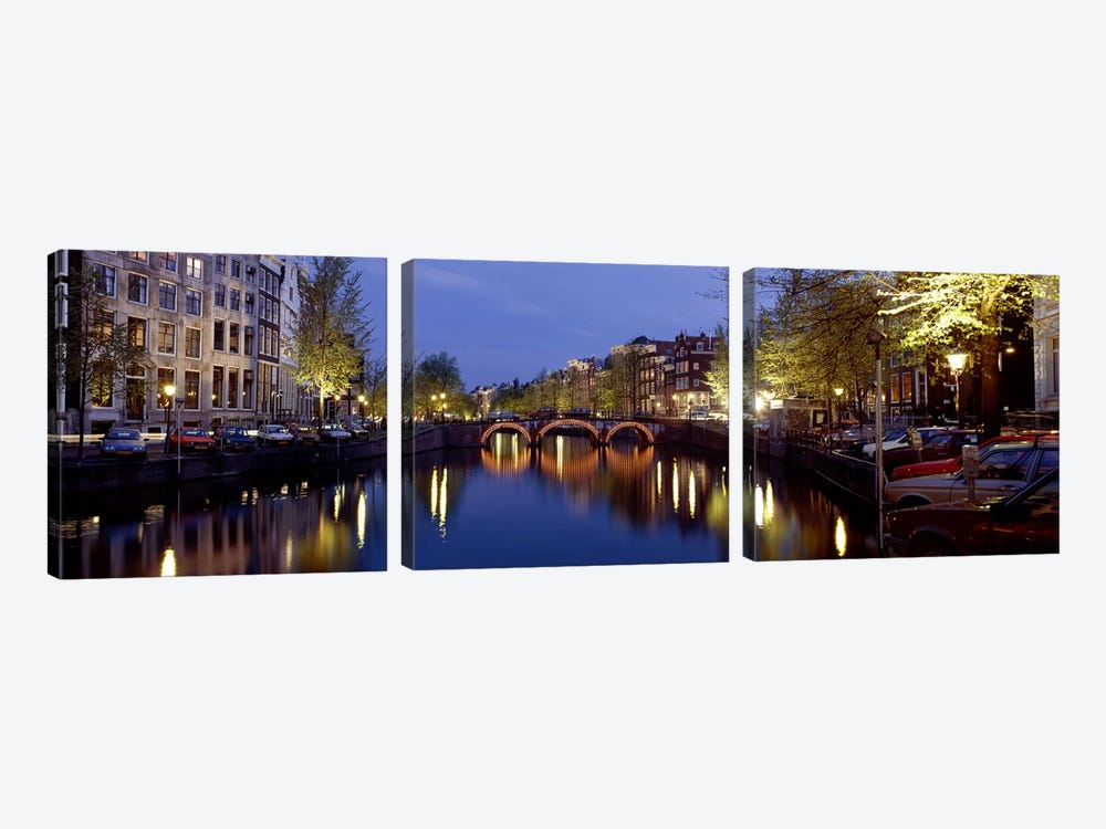 Night View Along Canal Amsterdam The Netherlands by Panoramic Images 3-piece Canvas Print