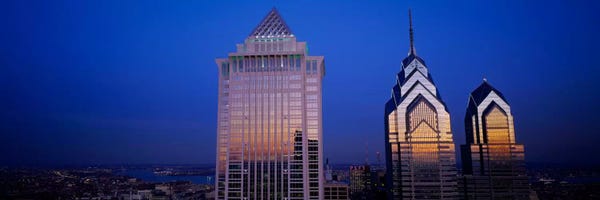 Pennsylvania: Skyscrapers lit up at night, Mellon Bank Center, Liberty Place, Philadelphia, Pennsylvania, USA by Panoramic Images