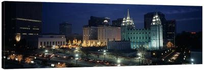 Temple lit up at nightMormon Temple, Salt Lake City, Utah, USA Canvas Art Print