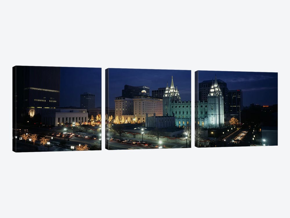 Temple lit up at nightMormon Temple, Salt Lake City, Utah, USA by Panoramic Images 3-piece Canvas Art