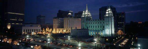 Salt Lake City: Temple lit up at nightMormon Temple, Salt Lake City, Utah, USA by Panoramic Images