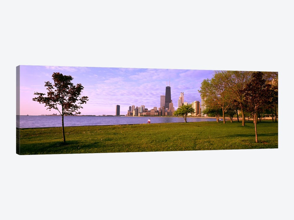Trees in a park with lake and buildings in the background, Lincoln Park, Lake Michigan, Chicago, Illinois, USA by Panoramic Images 1-piece Canvas Artwork