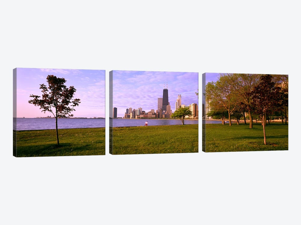 Trees in a park with lake and buildings in the background, Lincoln Park, Lake Michigan, Chicago, Illinois, USA by Panoramic Images 3-piece Canvas Artwork