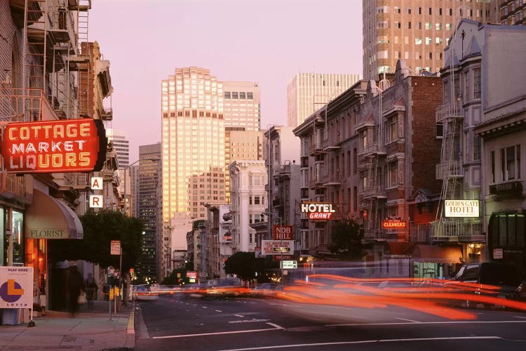 Blurred Motion View Of Evening Traffic, Bush Street, Nob Hill, San Francisco, California