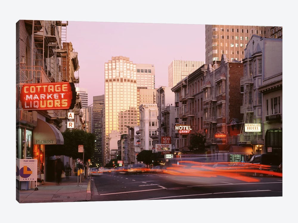 Blurred Motion View Of Evening Traffic, Bush Street, Nob Hill, San Francisco, California by Panoramic Images 1-piece Canvas Art Print