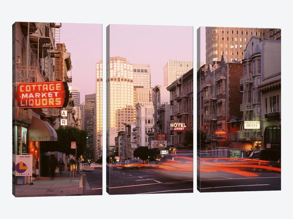 Blurred Motion View Of Evening Traffic, Bush Street, Nob Hill, San Francisco, California by Panoramic Images 3-piece Art Print