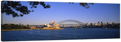 Distant View Of Sydney Harbour Bridge & Sydney Opera House, Sydney, New South Wales, Australia Canvas Art Print - Bridge Art