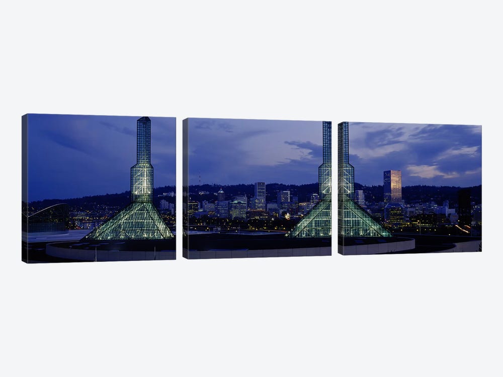 Towers Lit Up At DuskConvention Center, Portland, Oregon, USA by Panoramic Images 3-piece Canvas Print