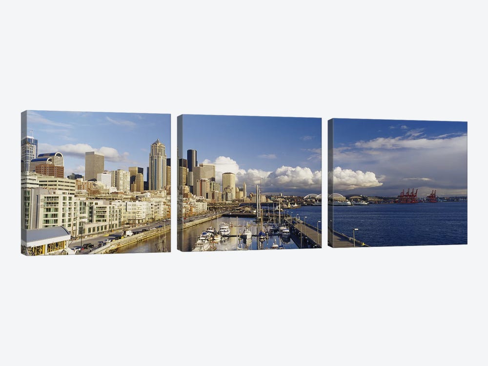 High Angle View Of Boats Docked At A Harbor, Seattle, Washington State, USA by Panoramic Images 3-piece Canvas Art
